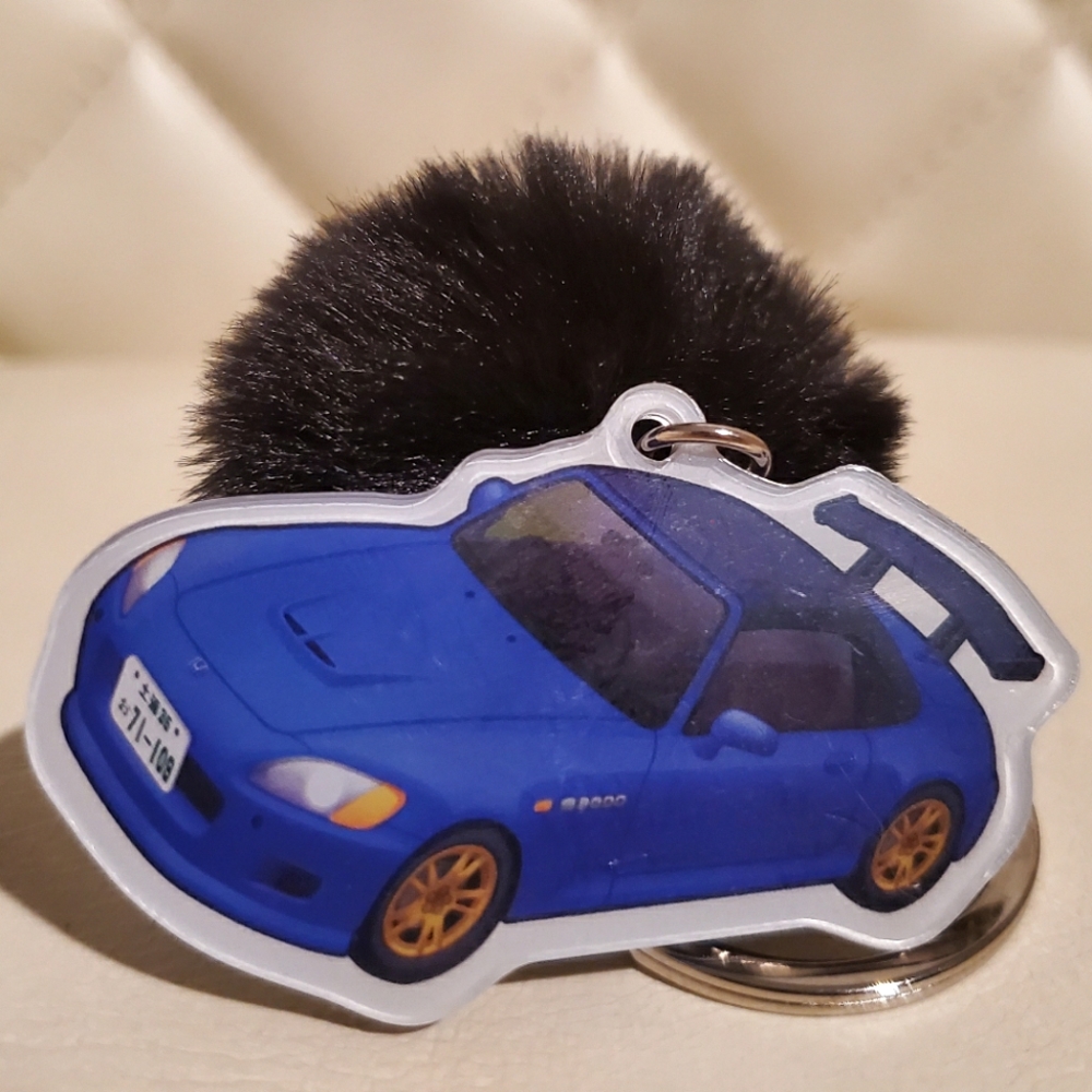 Honda S2000 Blue Keychain + Fuzzy Ball Car Key Accessory